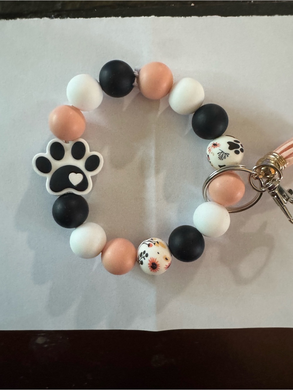 Silicone Paw Bead Keyring - Peach, Black & White
